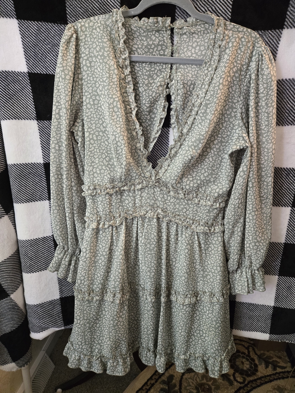 Women's Sage Green Printed Ruffle Wrap Dress